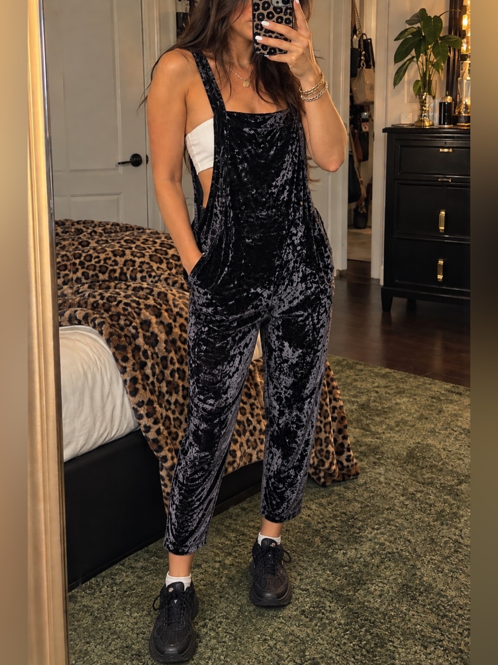 Urban Outfitters Black Crushed Velvet Overalls Jumpsuit Size M